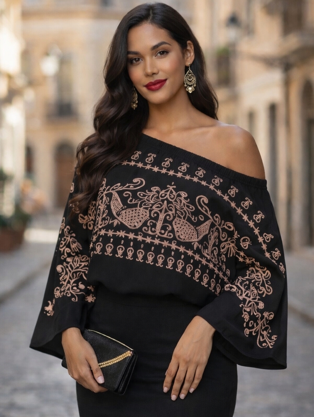 Black and Tan Off-Shoulder Top - Picture 7 of 9